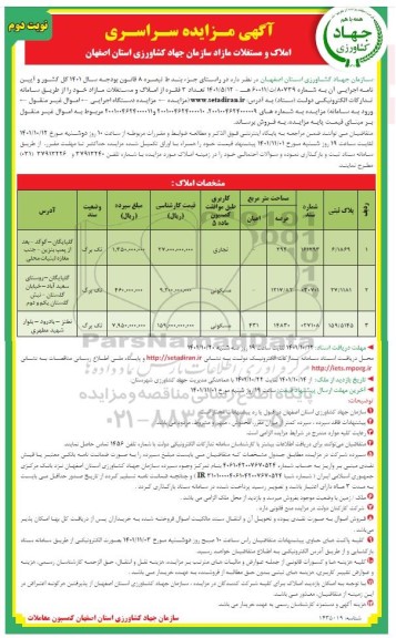 مزایده فروش تعداد 3 فقره از املاک و مستغلات مازاد با کاربری تجاری ، مسکونی - نوبت دوم