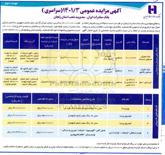 مزایده فروش اموال و املاک با کاربری مسکونی ... نوبت دوم