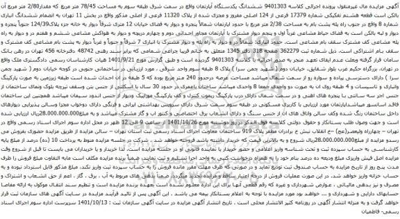 آگهی مزایده ششدانگ یکدستگاه آپارتمان واقع در سمت شرق طبقه سوم به مساحت 78/45 متر مربع که مقدار2/80 متر مربع