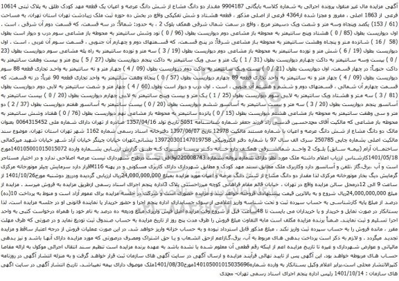 آگهی مزایده مقدار دو دانگ مشاع از شش دانگ عرصه و اعیان یک قطعه مهد کودک طلق به پلاک ثبتی 10614 فرعی از 1863 اصلی