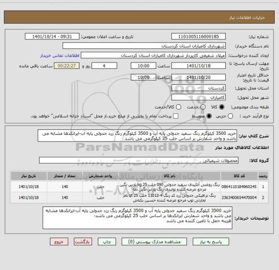 استعلام خرید 3500 کیلوگرم رنگ سفید جدولی پایه آب و 3500 کیلوگرم رنگ زرد جدولی پایه آب-ایرانکدها مشابه می باشد و واحد شمارش بر اساس حلب 25 کیلوگرمی می باشد
