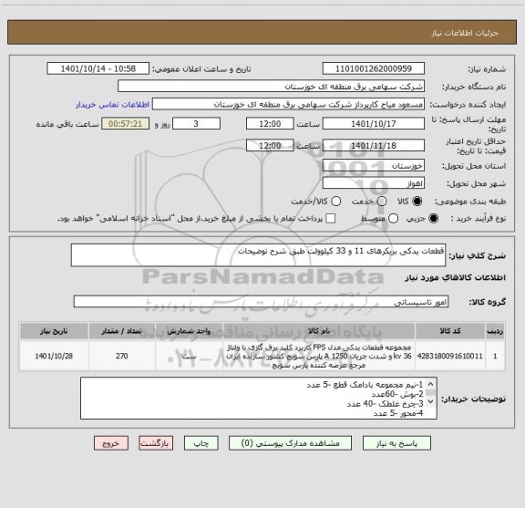 استعلام قطعات یدکی بریکرهای 11 و 33 کیلوولت طبق شرح توضیحات