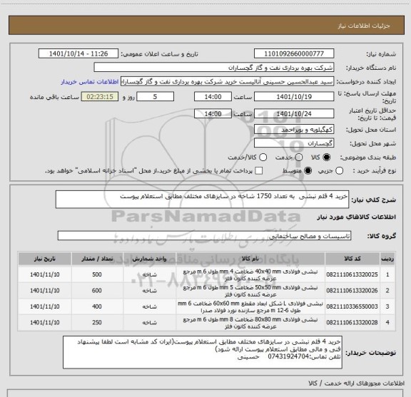 استعلام خرید 4 قلم نبشی  به تعداد 1750 شاخه در سایزهای مختلف مطابق استعلام پیوست