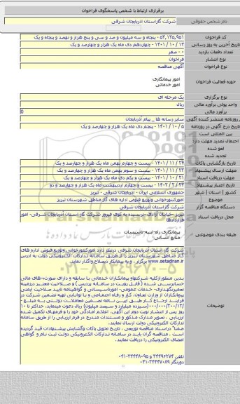 مناقصه, امورکنتورخوانی وتوزیع قبوض  اداره های گاز مناطق شهرستان تبریز