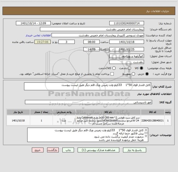 استعلام کابل فشار قوی 50*1    33کیلو ولت زمینی ویک قلم دیگر طبق لیست پیوست