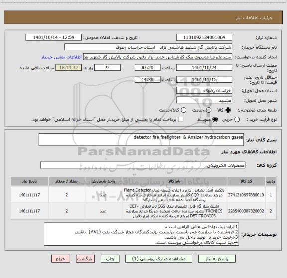 استعلام detector fire firefighter  & Analizer hydrocarbon gases