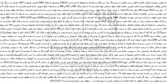 آگهی مزایده ششدانگ یک دستگاه ساختمان و محوطه به مساحت 248/22 مترمربع به پلاک 4982 فرعی مفروز از 1087