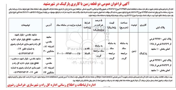 مزایده واگذاری اراضی با کاربری خدماتی دو قطعه زمین