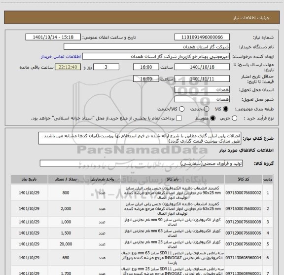 استعلام اتصالات پلی اتیلن گازی مطابق با شرح ارائه شده در فرم استعلام بها پیوست،(ایران کدها مشابه می باشند - طبق مدارک پیوست قیمت گذاری گردد)