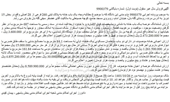  یک باب خانه به پلاک ثبتی 260 فرعی از 28 اصلی واقع در بخش 15