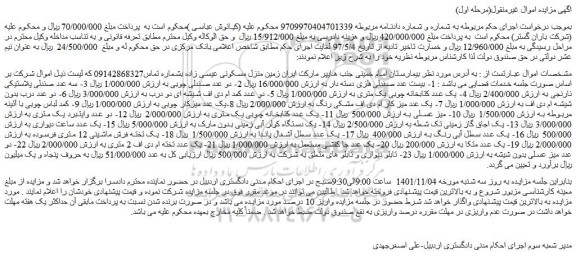 مزایده فروش 1- بیست عدد صندلی فلزی دسته دار  و...