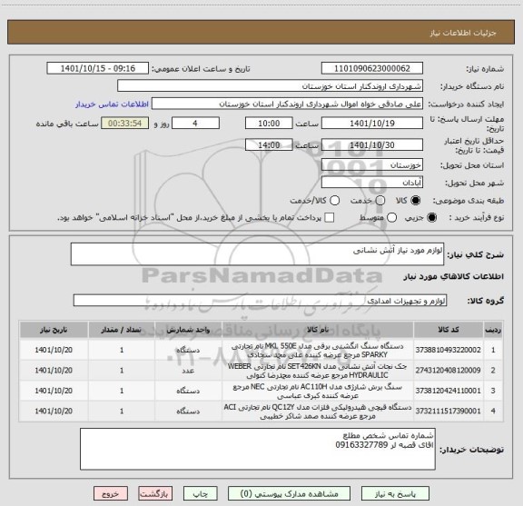 استعلام لوازم مورد نیاز آتش نشانی