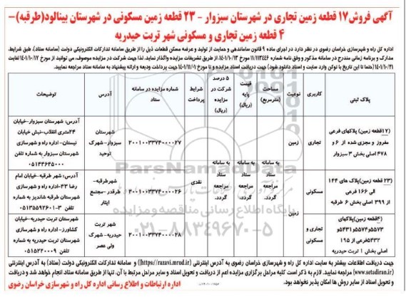 مزایده فروش 17 قطعه زمین تجاری...