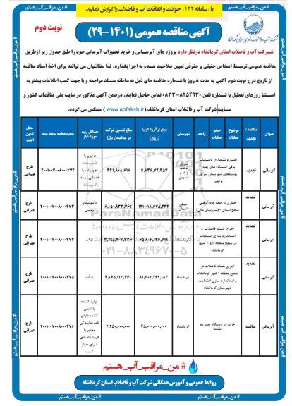 مناقصه پروژه های آبرسانی و خرید تجهیزات آبرسانی  نوبت دوم