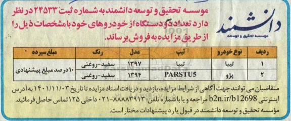 مزایده فروش دو دستگاه خودرو
