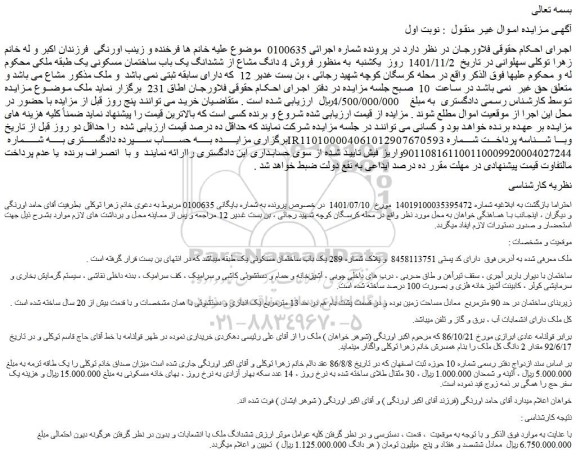 مزایده فروش 4 دانگ مشاع از ششدانگ یک باب ساختمان مسکونی 