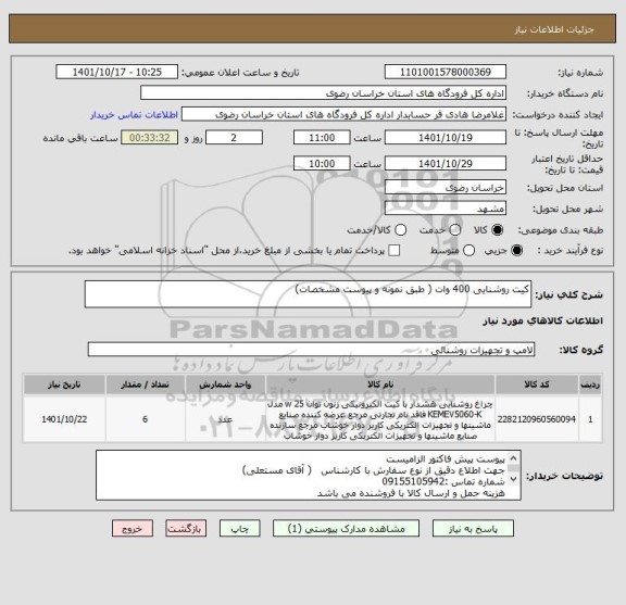 استعلام کیت روشنایی 400 وات ( طبق نمونه و پیوست مشخصات)