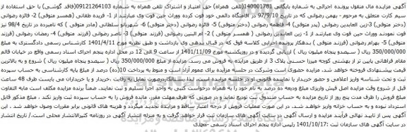 آگهی مزایده حق امتیاز و اشتراک تلفن همراه به شماره 09121264103