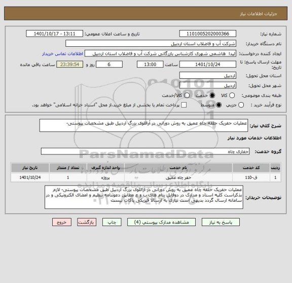 استعلام عملیات حفریک حلقه چاه عمیق به روش دورانی در آراللوی بزرگ اردبیل طبق مشخصات پیوستی-