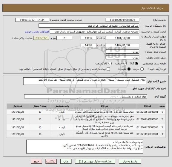 استعلام انواع خشکبار طبق لیست ( پسته ، بادام درختی ، بادام هندی)  و خلال پسته - هر کدام 10 کیلو