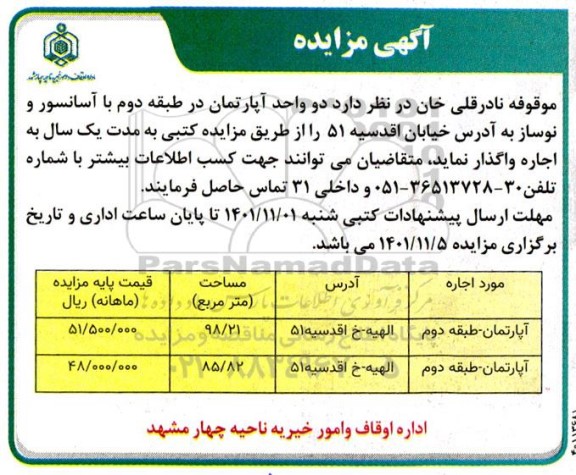 مزایده واگذاری دو واحد آپارتمان