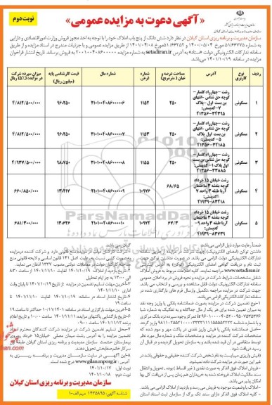 مزایده فروش ششدانگ از پنج باب املاک نوبت دوم 