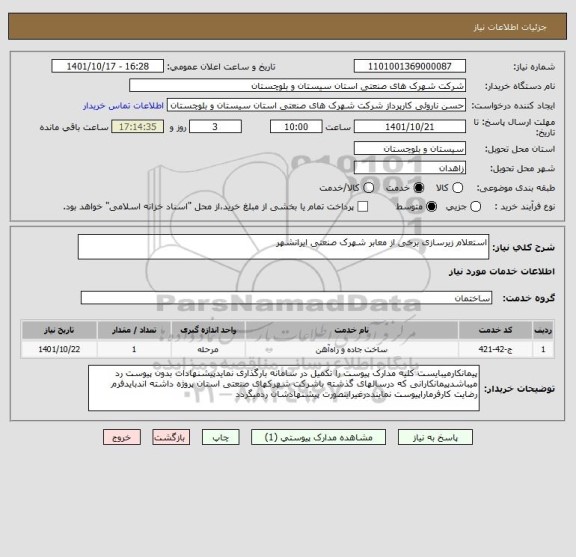 استعلام استعلام زیرسازی برخی از معابر شهرک صنعتی ایرانشهر