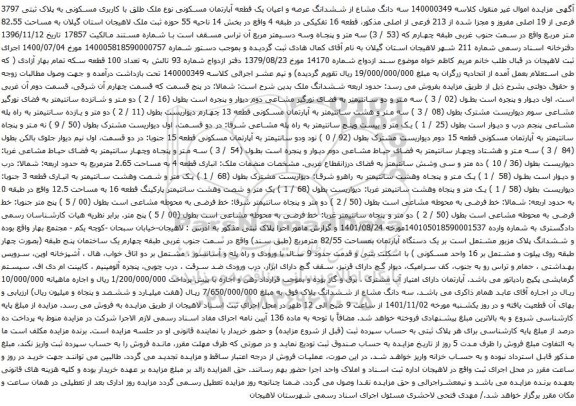 آگهی مزایده سه دانگ مشاع از ششدانگ عرصه و اعیان یک قطعه آپارتمان مسکونی نوع ملک طلق با کاربری مسکونی به پلاک ثبتی 3797 فرعی از 19 اصلی