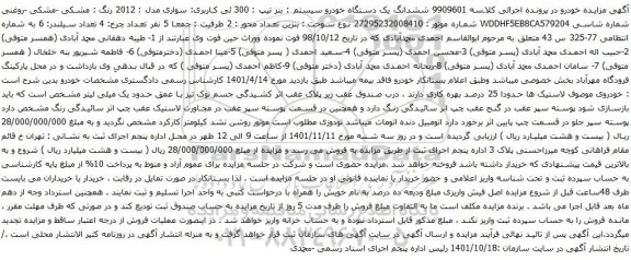 آگهی مزایده ششدانگ یک دستگاه خودرو سیستم : بنز تیپ : 300 ئی 