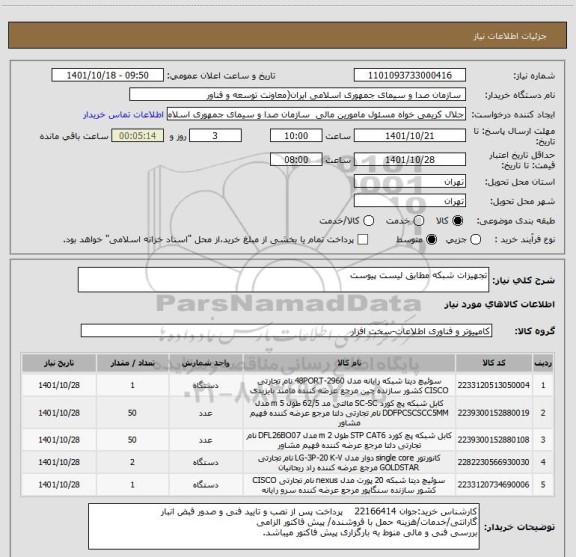استعلام تجهیزات شبکه مطابق لیست پیوست