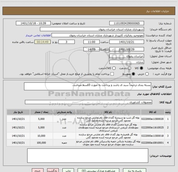 استعلام بسته بندی ترجیحاً سبد ی باشد و پرداخت به صورت 3قسط میباشد.