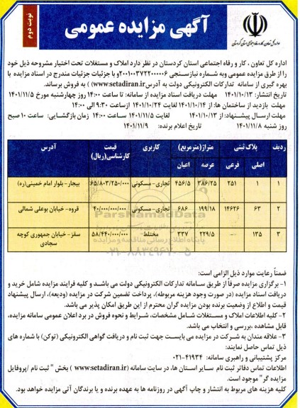 مزایده فروش املاک و مستغلات تجاری - مسکونی - نوبت دوم