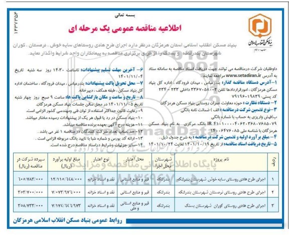  مناقصه اجرای طرح هادی روستای