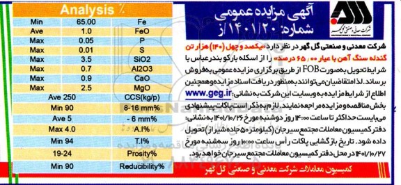مزایده یکصد و چهل 140 هزار تن گندله سنگ آهن