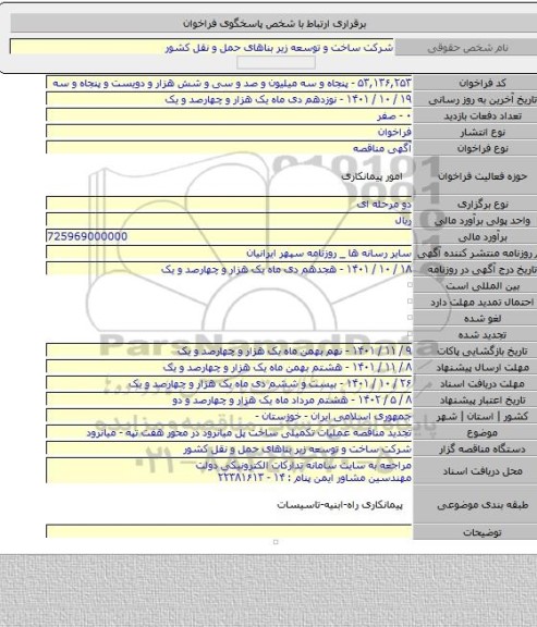 مناقصه, تجدید مناقصه عملیات تکمیلی ساخت پل میانرود در محور هفت تپه - میانرود