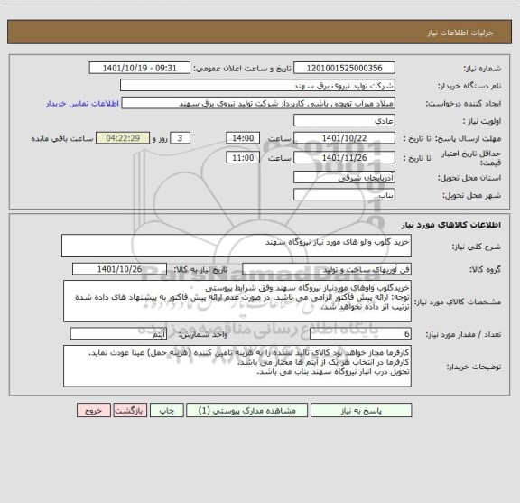 استعلام خرید گلوب والو های مورد نیاز نیروگاه سهند
