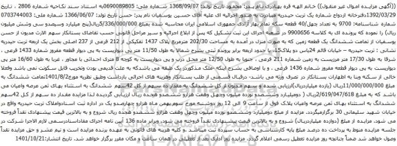 آگهی مزایده ششدانگ یک قطعه زمین که به صورت منزل در آمده به مساحت 202/30 مترمربع پلاک 1437 تفکیکی از 212 فرعی از 237 اصلی