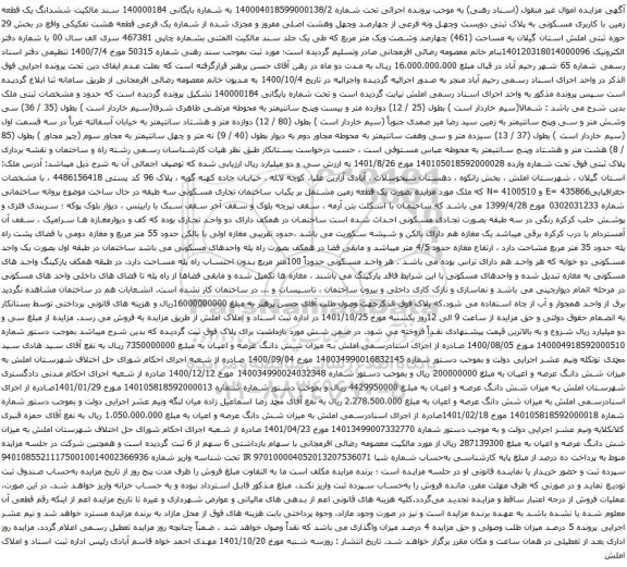 آگهی مزایده ششدانگ یک قطعه زمین با کاربری مسکونی به پلاک ثبتی دویست وچهل ونه فرعی از چهارصد وچهل وهشت اصلی