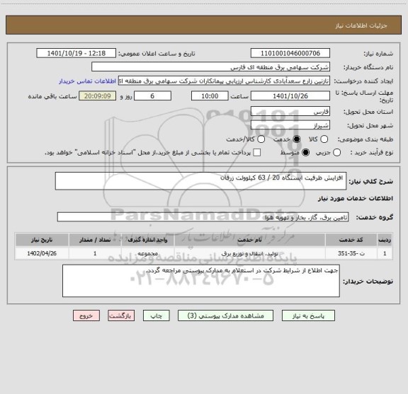 استعلام  افزایش ظرفیت ایستگاه 20 / 63 کیلوولت زرقان