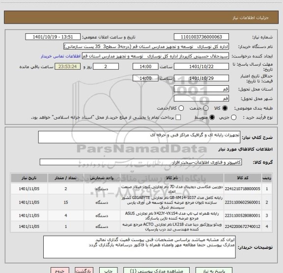 استعلام تجهیزات رایانه ای و گرافیک مراکز فنی و حرفه ای