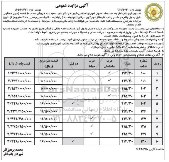مزایده فروش تعداد ده قطعه زمین مسکونی