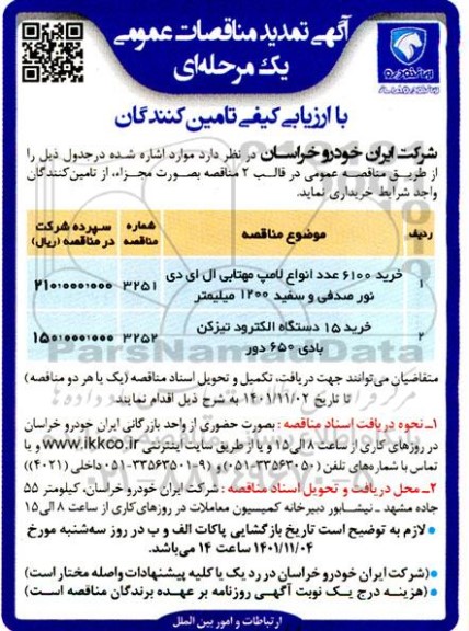تمدید مناقصه خرید 6100 عدد انواع لامپ مهتابی ال ای دی نور صدفی و سفید ...