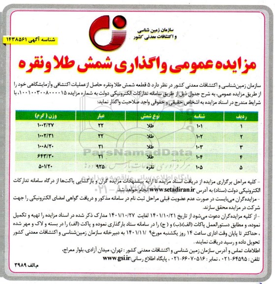 مزایده واگذاری شمش طلا و نقره
