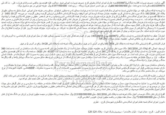 مزایده فروش شش دانگ عرصه و اعیان ملک 