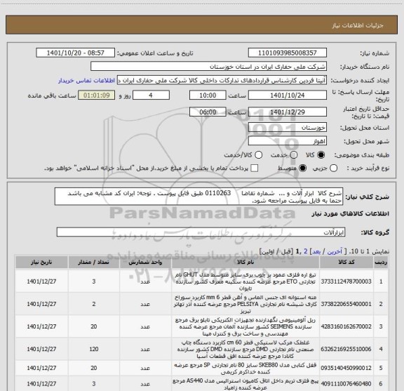استعلام شرح کالا  ابزار آلات و ...  شماره تقاضا     0110263 طبق فایل پیوست . توجه: ایران کد مشابه می باشد حتما به فایل پیوست مراجعه شود.