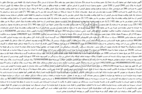 آگهی مزایده یک ممیز پنجاه و سه صدم دانگ مشاع از چهار ممیز پنج دهم دانگ مشاع از شش دانگ عرصه و اعیان یک قطعه زمین
