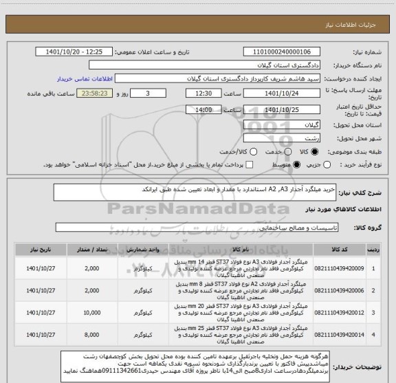استعلام خرید میلگرد آجدار A2 ,A3 استاندارد با مقدار و ابعاد تعیین شده طبق ایرانکد