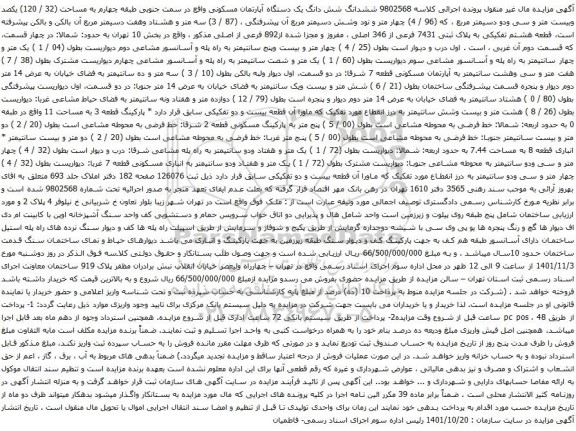 آگهی مزایده ششدانگ شش دانگ یک دستگاه آپارتمان مسکونی واقع در سمت جنوبی طبقه چهارم به مساحت (32 / 120)