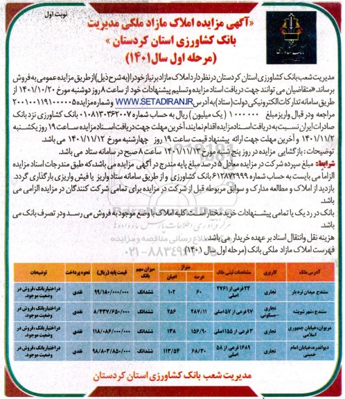 مزایده فروش املاک مازاد ملکی