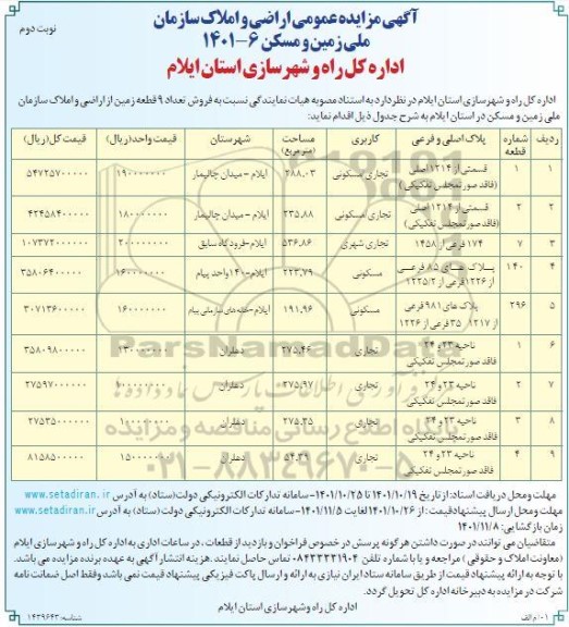  مزایده فروش تعداد 9 قطعه زمین اراضی